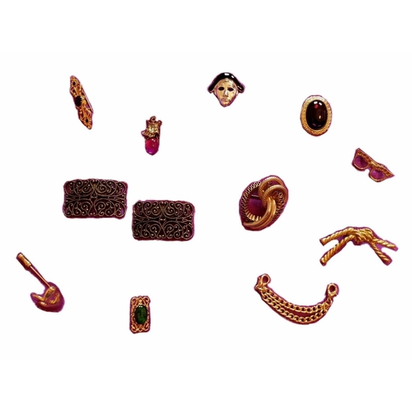 Lot Vintage Vtg Gold Silver Brass Metal 10 Brooches Pins Clips 1 Pair Shoe Clips - Picture 1 of 13